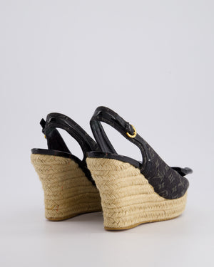 Louis Vuitton Black Denim Monogram Raffia Wedge Slingback Heel Size EU 37.5