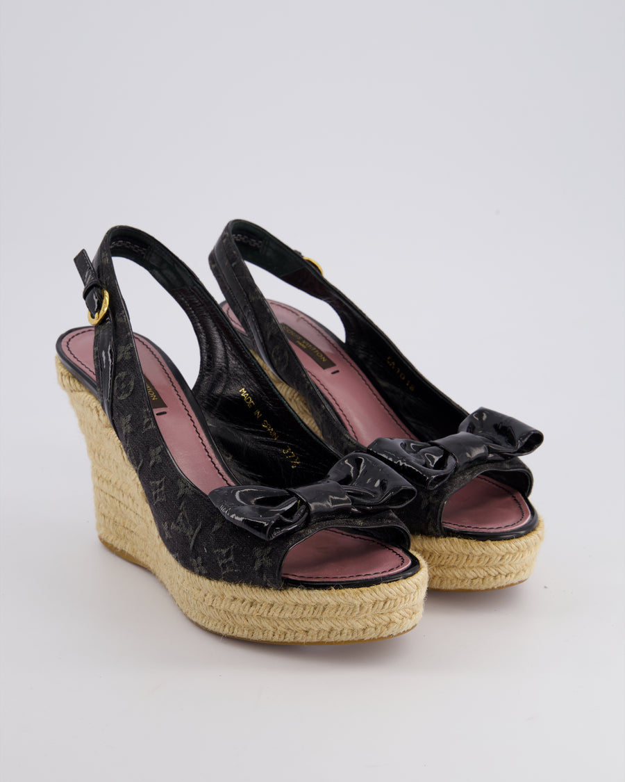 Louis Vuitton Black Denim Monogram Raffia Wedge Slingback Heel Size EU 37.5