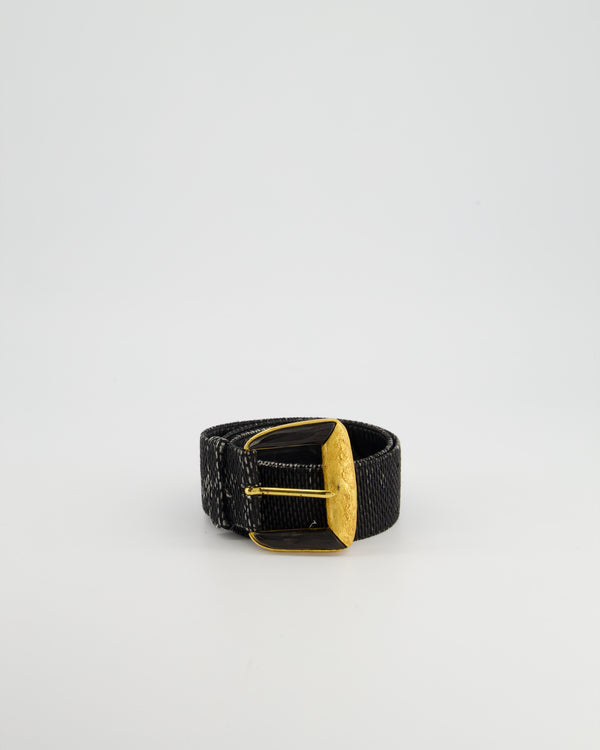 Saint Laurent Rive Gauche Vintage Black Canvas 
Leather Textured Belt With Large Black 
Gold Buckle Size 70cm