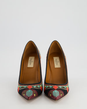 Valentino Black Multicolour Canvas Embroidered Pointed Heel Shoes EU 37.5