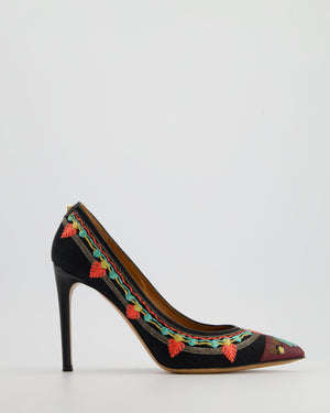 Valentino Black Multicolour Canvas Embroidered Pointed Heel Shoes EU 37.5