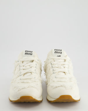 Miu Miu x New Balance White Denim Distressed Trainers with Black Logo Size EU 39