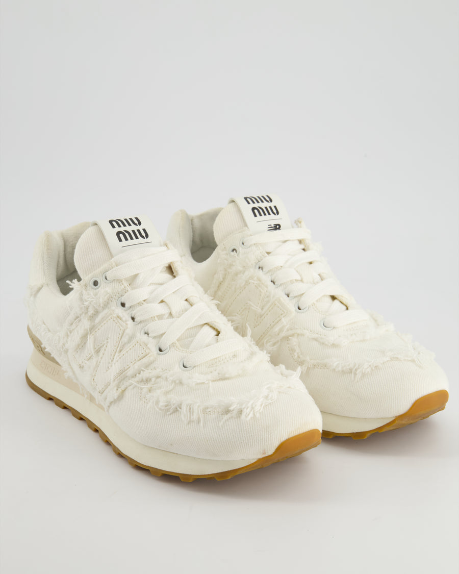 Miu Miu x New Balance White Denim Distressed Trainers with Black Logo Size EU 39