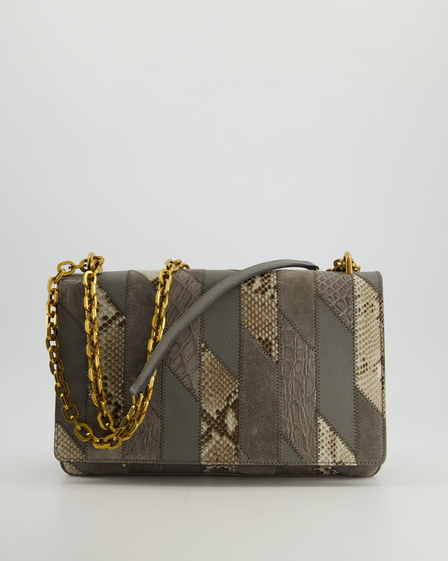 Prada Grey Suede, Python Patchwork Bag with Gold Chain