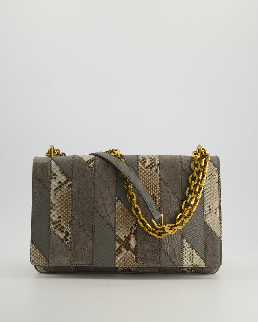 Prada Grey Suede, Python Patchwork Bag with Gold Chain