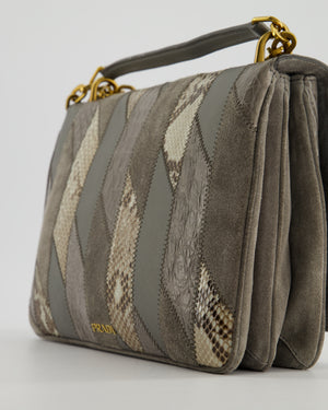 Prada Grey Suede, Python Patchwork Bag with Gold Chain