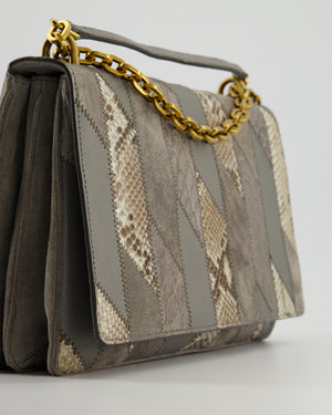 Prada Grey Suede, Python Patchwork Bag with Gold Chain