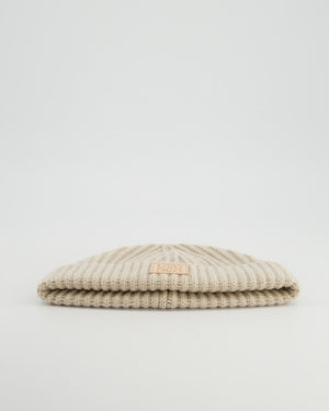 *HOT* Loewe Light Beige Ribbed Cashmere Beanie Hat with Leather Patch Detail RRP £350