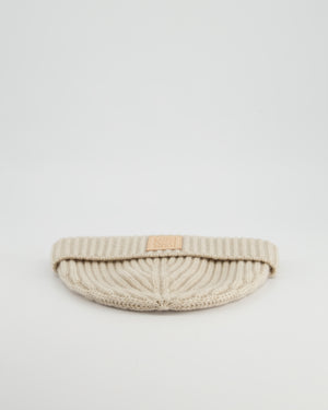 *HOT* Loewe Light Beige Ribbed Cashmere Beanie Hat with Leather Patch Detail RRP £350