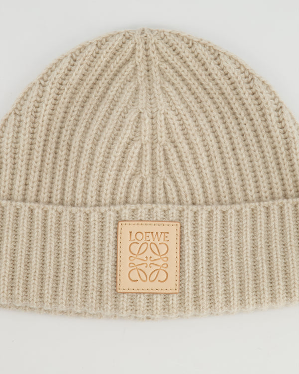 *HOT* Loewe Light Beige Ribbed Cashmere Beanie Hat with Leather Patch Detail RRP £350