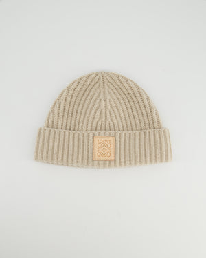 *HOT* Loewe Light Beige Ribbed Cashmere Beanie Hat with Leather Patch Detail RRP £350