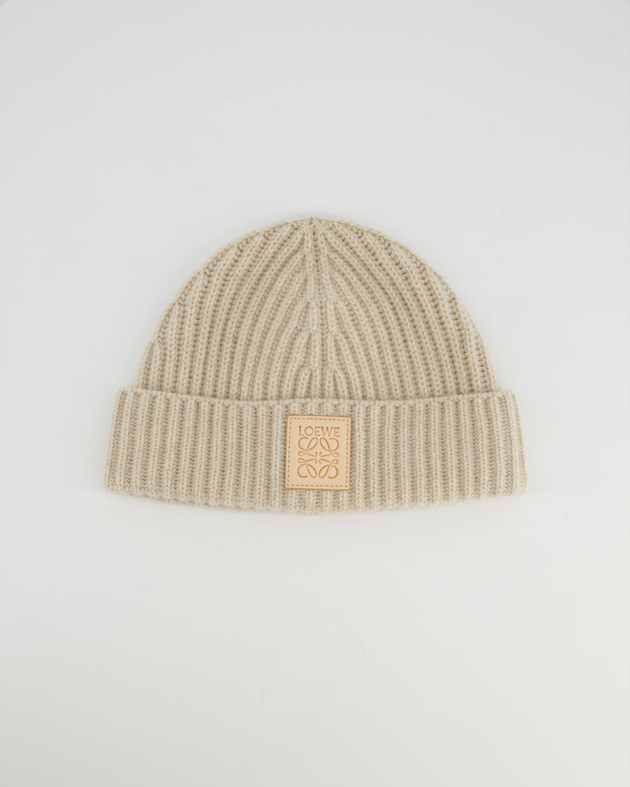 *HOT* Loewe Light Beige Ribbed Cashmere Beanie Hat with Leather Patch Detail RRP £350