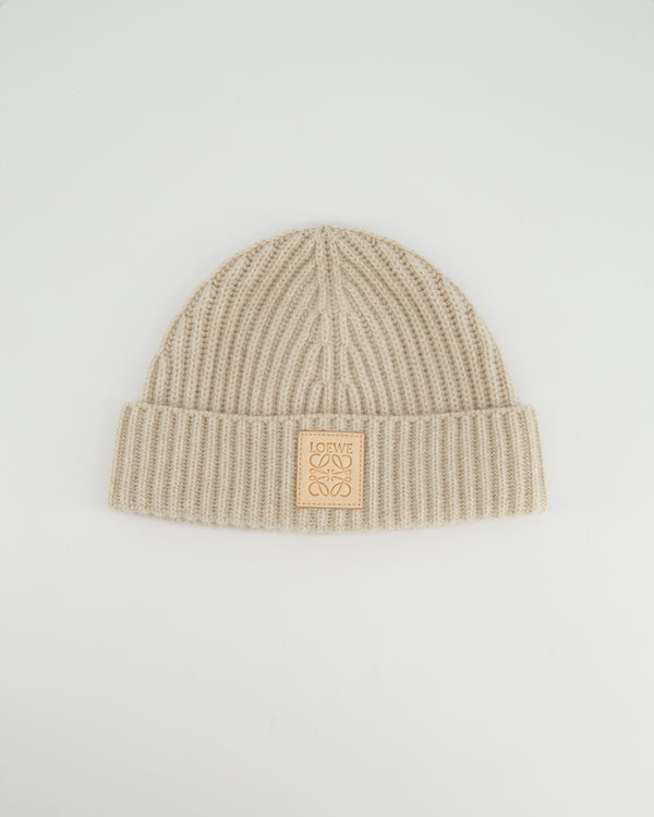 *HOT* Loewe Light Beige Ribbed Cashmere Beanie Hat with Leather Patch Detail RRP £350