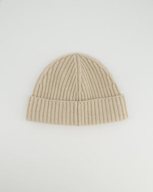 *HOT* Loewe Light Beige Ribbed Cashmere Beanie Hat with Leather Patch Detail RRP £350