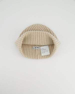 *HOT* Loewe Light Beige Ribbed Cashmere Beanie Hat with Leather Patch Detail RRP £350