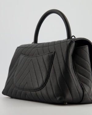 Chanel Medium Black Chevron Coco Top Handle Flap Bag in Caviar Leather with Black Hardware