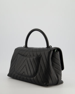 Chanel Medium Black Chevron Coco Top Handle Flap Bag in Caviar Leather with Black Hardware