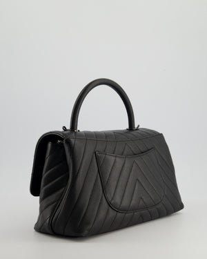 Chanel Medium Black Chevron Coco Top Handle Flap Bag in Caviar Leather with Black Hardware