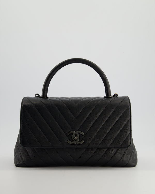 Chanel Medium Black Chevron Coco Top Handle Flap Bag in Caviar Leather with Black Hardware