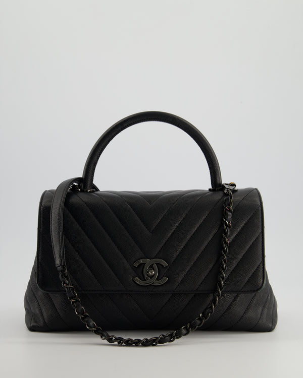 Chanel Medium Black Chevron Coco Top Handle Flap Bag in Caviar Leather with Black Hardware