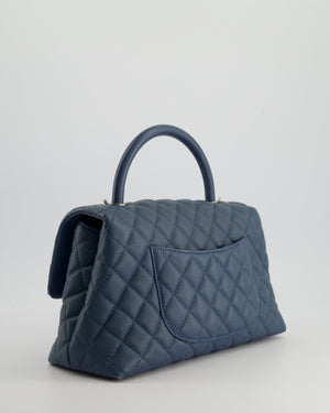 Chanel Medium Dark Blue Quilted Coco Top Handle Flap Bag in Caviar Leather with Ruthenium Hardware