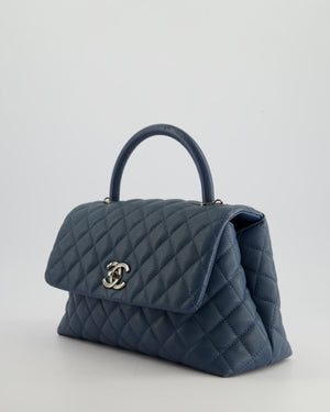 Chanel Medium Dark Blue Quilted Coco Top Handle Flap Bag in Caviar Leather with Ruthenium Hardware