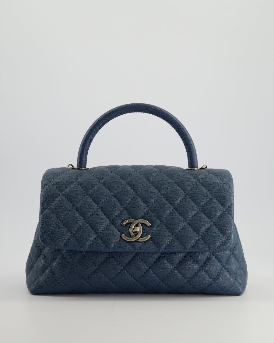 Chanel Medium Dark Blue Quilted Coco Top Handle Flap Bag in Caviar Leather with Ruthenium Hardware