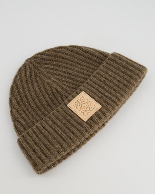 *HOT* Loewe Brown Ribbed Cashmere Beanie Hat with Leather Patch Detail RRP £350