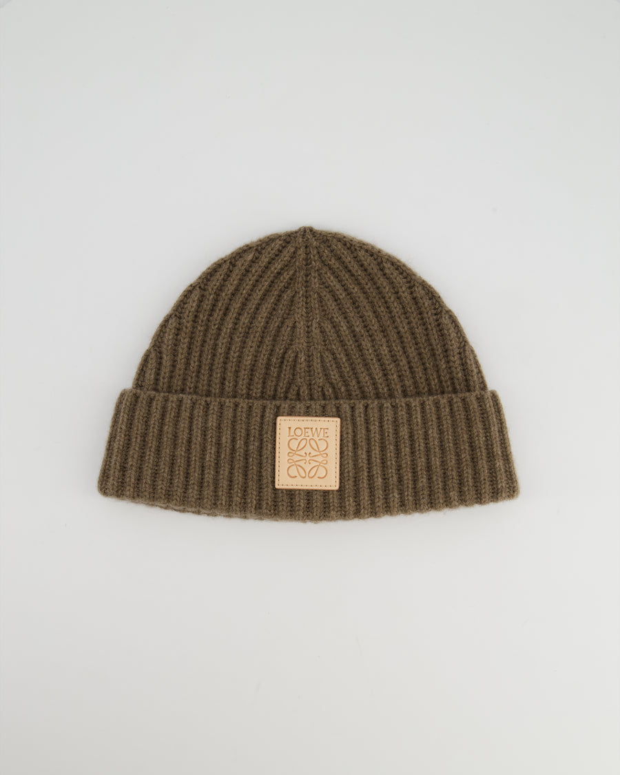 *HOT* Loewe Brown Ribbed Cashmere Beanie Hat with Leather Patch Detail RRP £350