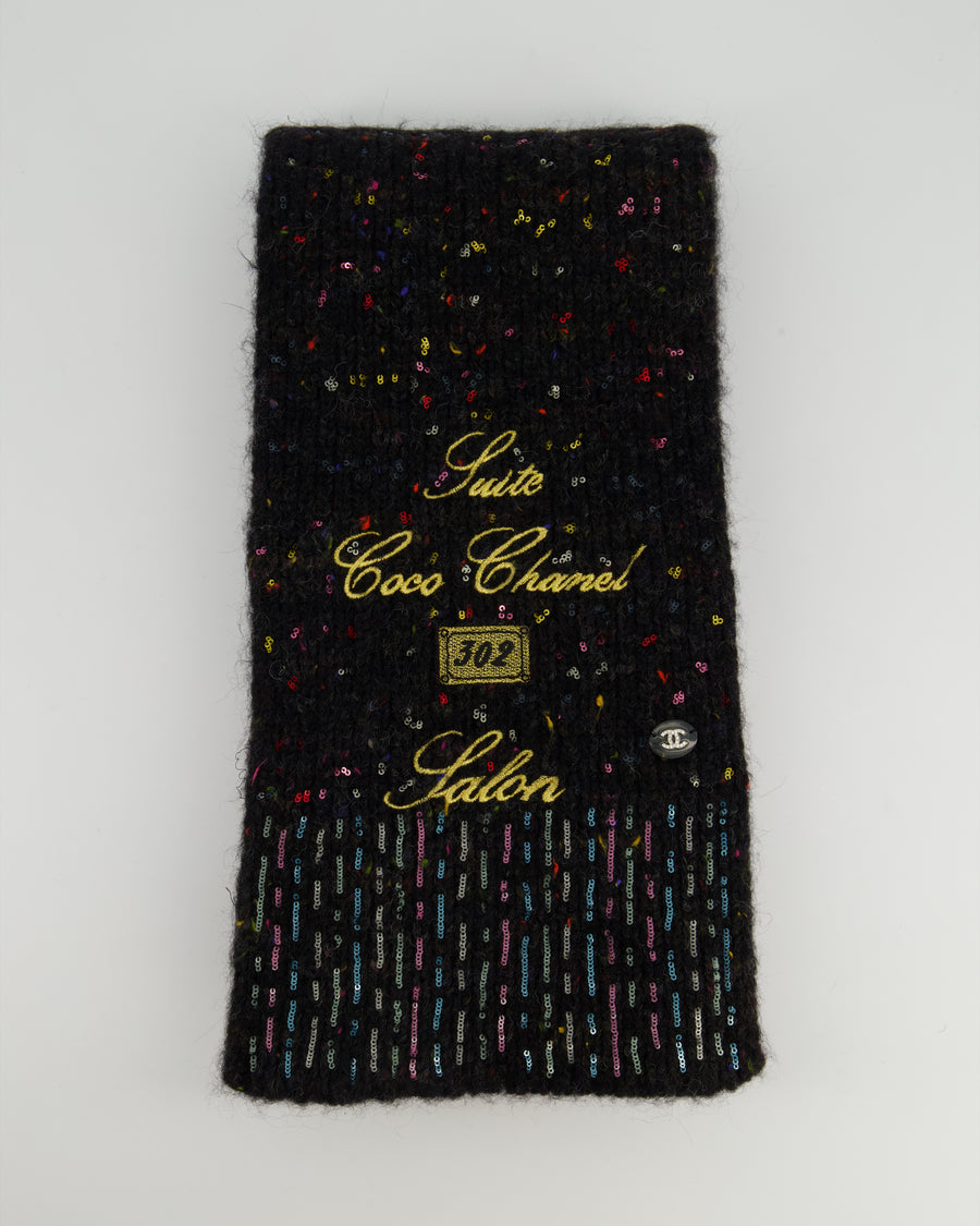 Chanel Charcoal Alpaca Wool Scarf With Multi Colour Sequin Details and Gold Embroidery