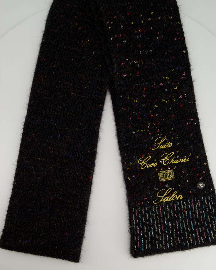 Chanel Charcoal Alpaca Wool Scarf With Multi Colour Sequin Details and Gold Embroidery