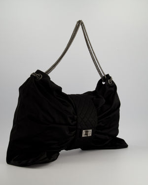 Chanel Black Large Satin Bow Reissue Shoulder Bag with Quilted Flap Detail and Silver Hardware