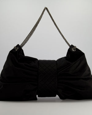 Chanel Black Large Satin Bow Reissue Shoulder Bag with Quilted Flap Detail and Silver Hardware