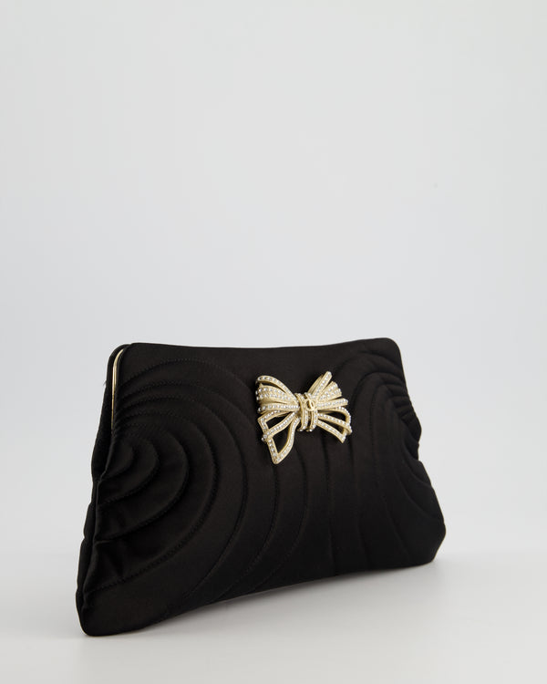 Chanel Black Silk Clutch Bag with Champagne Gold and Crystal Bow Detail