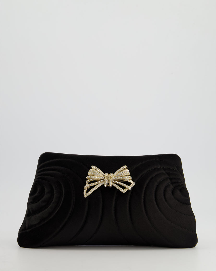 Chanel Black Silk Clutch Bag with Champagne Gold and Crystal Bow Detail