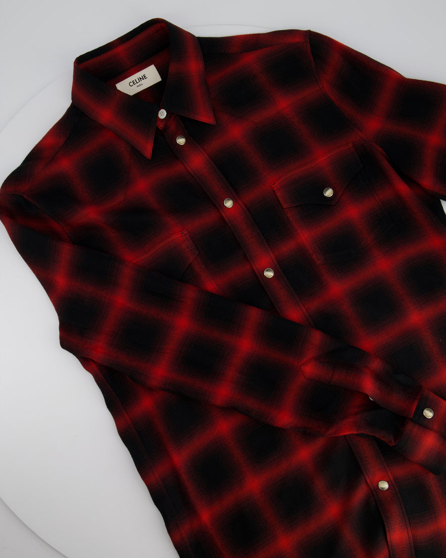 Celine Red and Black Flannel Button Down Long Sleeve Shirt Size 37 (UK 8)