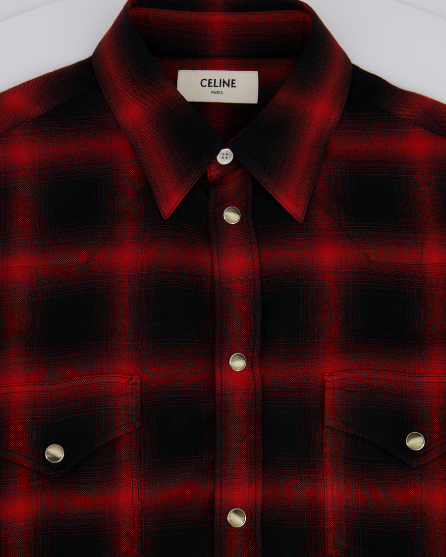 Celine Red and Black Flannel Button Down Long Sleeve Shirt Size 37 (UK 8)