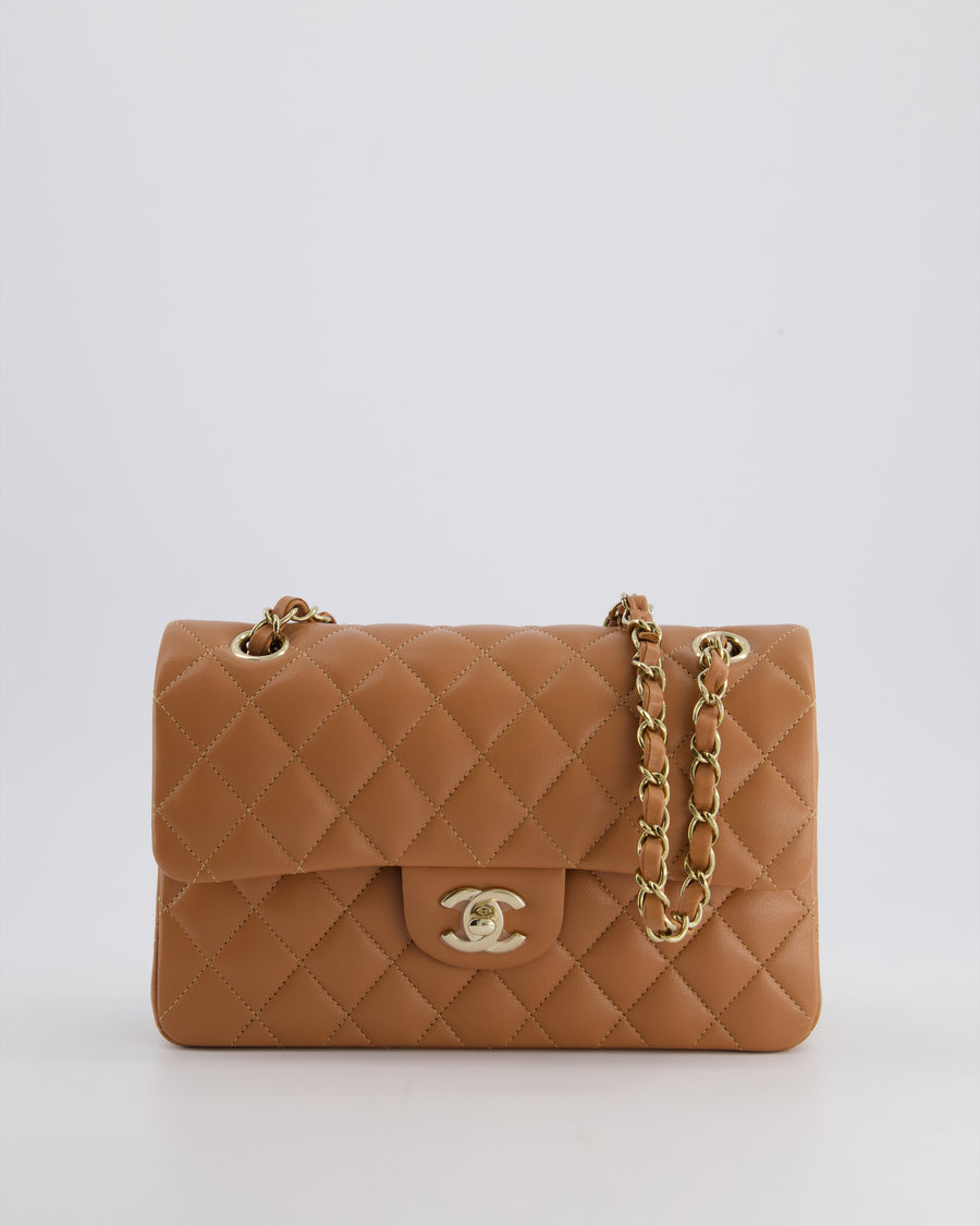 *SUPER RARE* Chanel 22S Caramel Brown Small Double Flap Bag in Lambskin Leather with Champagne Gold Hardware