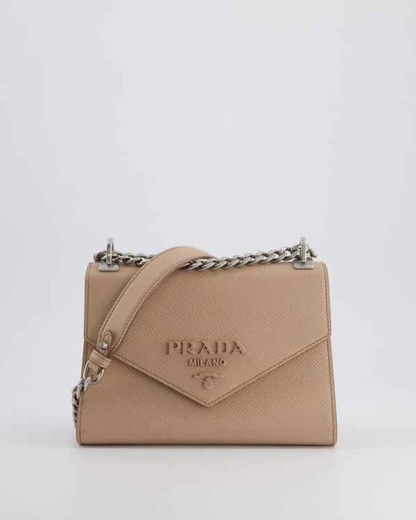 Prada Cipria Small Monochrome Envelope Flap Chain Shoulder Bag in Saffiano Cuir Calfskin with Brushed Silver Hardware