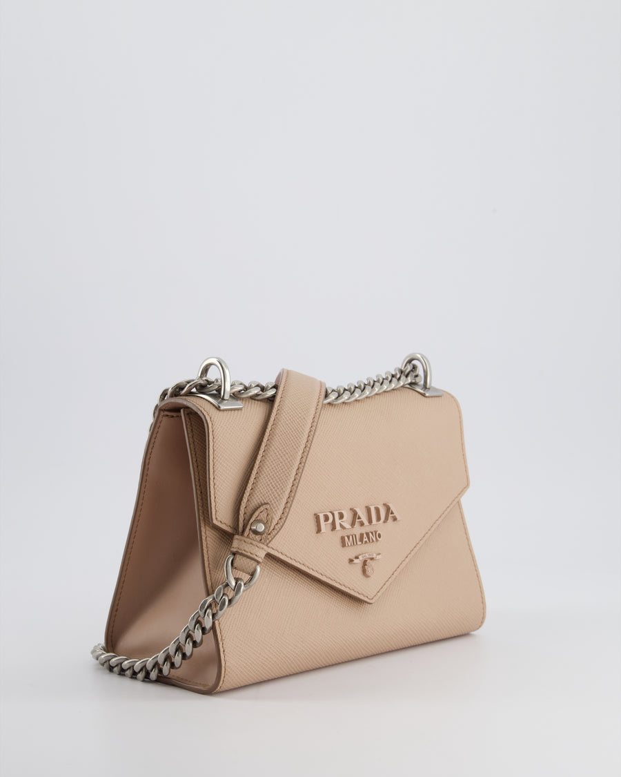 Prada Cipria Small Monochrome Envelope Flap Chain Shoulder Bag in Saffiano Cuir Calfskin with Brushed Silver Hardware