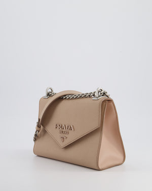 Prada Cipria Small Monochrome Envelope Flap Chain Shoulder Bag in Saffiano Cuir Calfskin with Brushed Silver Hardware