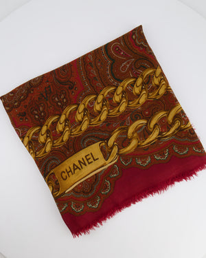 Chanel Deep Red Scarf with Gold Chain Prints and Chanel Details Size 130x130