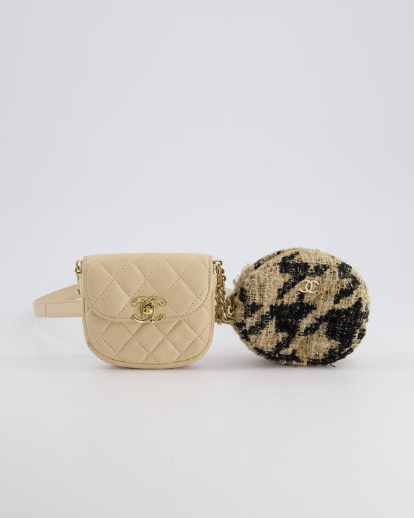 Chanel 19/K Beige Lambskin Belt Bag with Tweed Pouch and Champagne Gold Hardware