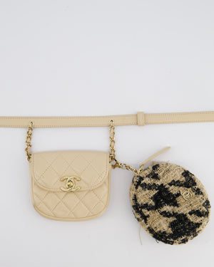 Chanel 19/K Beige Lambskin Belt Bag with Tweed Pouch and Champagne Gold Hardware