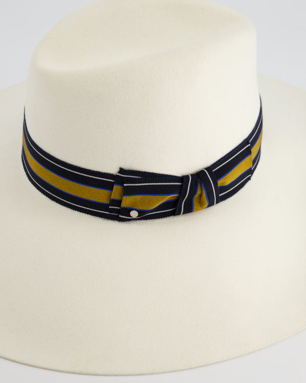 Hermès Cream Large Wool Felt Hat with Navy 
Senape Yellow Bandeaux Detail Size 57 RRP 785