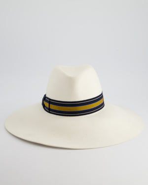 Hermès Cream Large Wool Felt Hat with Navy 
Senape Yellow Bandeaux Detail Size 57 RRP 785