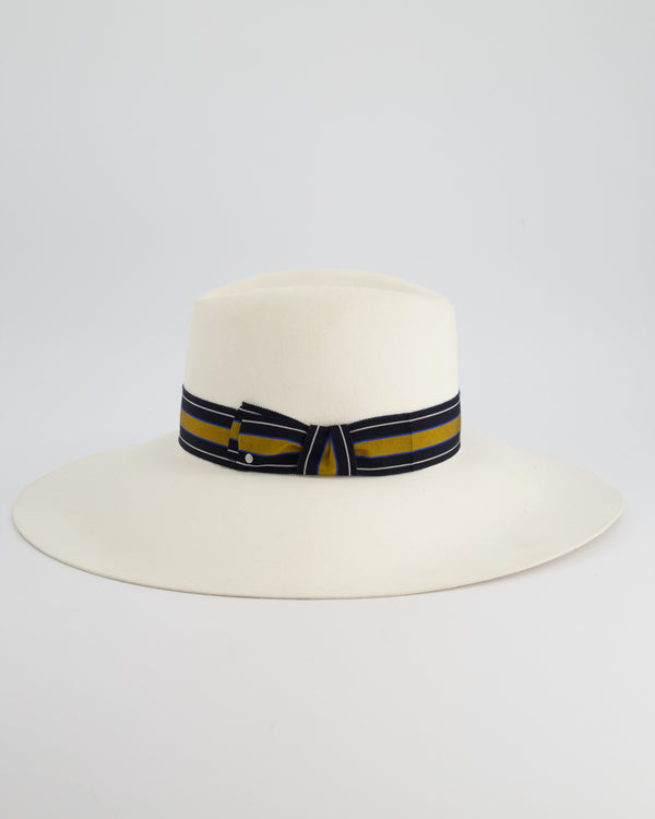 Hermès Cream Large Wool Felt Hat with Navy 
Senape Yellow Bandeaux Detail Size 57 RRP 785