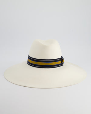 Hermès Cream Large Wool Felt Hat with Navy 
Senape Yellow Bandeaux Detail Size 57 RRP 785