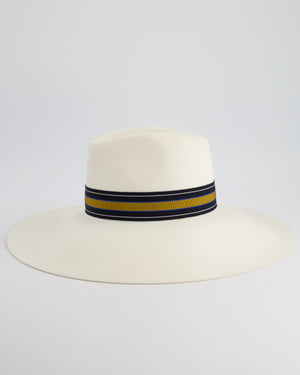 Hermès Cream Large Wool Felt Hat with Navy 
Senape Yellow Bandeaux Detail Size 57 RRP 785