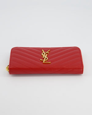 Saint Laurent Cassandra Long Zip Around Wallet in Red Grained Leather With Gold Logo and Hardware